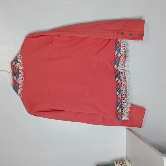 Ami Peachy Orange Coral Shabby Chic Western Jacket w/ Lace Collar Trim M - Picture 9 of 10